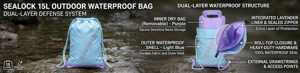 Dual-layer waterproof construction of Sealock 15L backpacking dry bag